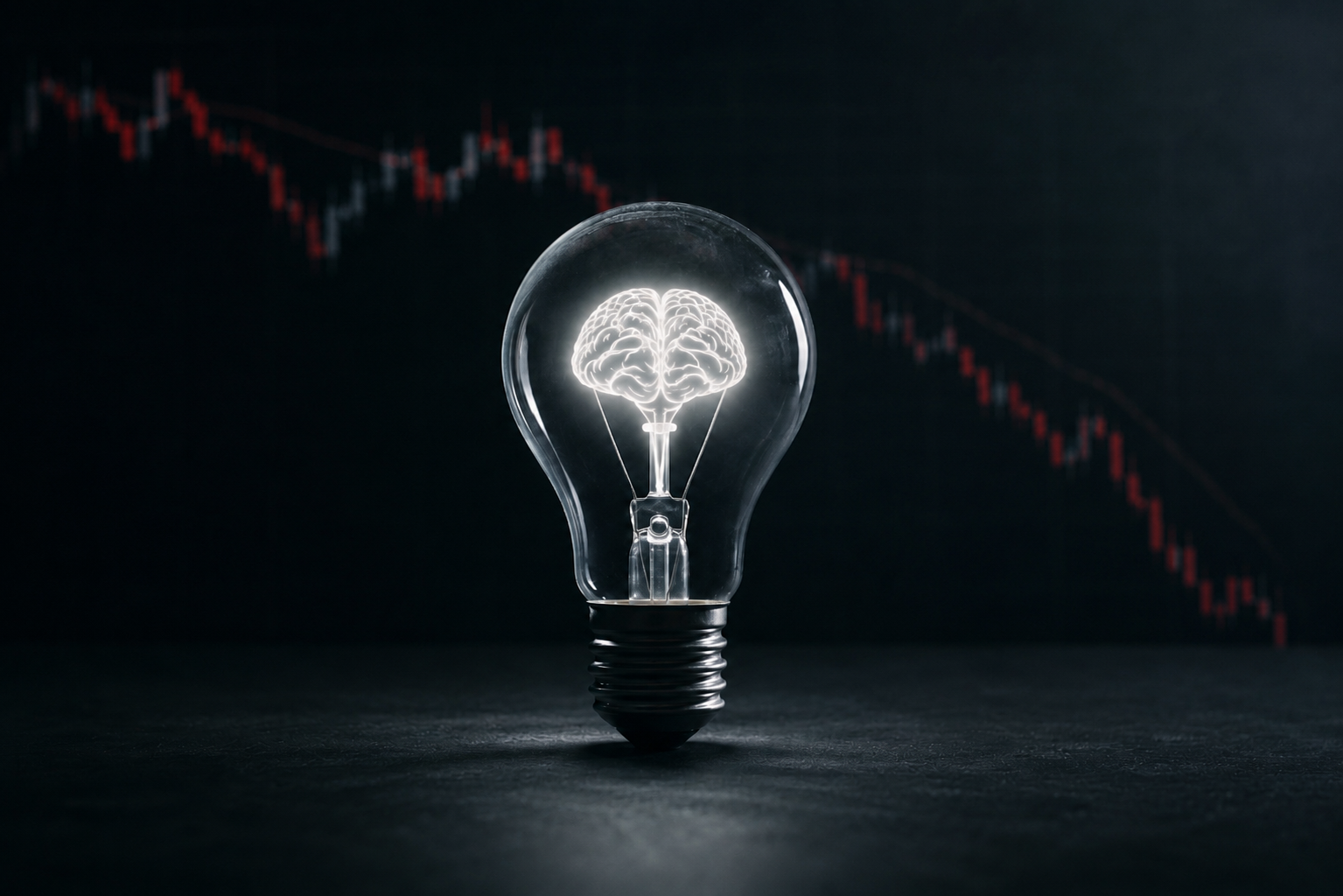 A glowing brain-shaped filament inside a clear lightbulb, against a falling red stock-market candlestick chart